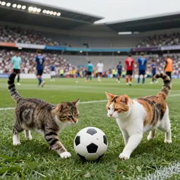 dos gatos jugando al futbol en un estadio lleno de gente, fotorealista, 4 k, detallado
