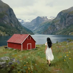 eddie mendoza. composition : long shot. style : digital painting ; concept art ; dreamlike ; fantasy ; surreal. scenery : a fjord with a lone gabled roof red barn. subject : a young woman with long black hair wearing a white dress. action : the woman is walking towards the barn.