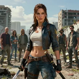 fallout 5 : miami, charismatic beautiful rugged young kate beckinsale with a katana, portrait, outdoors ruined cityscape, atmospheric lighting, painted, intricate, volumetric lighting, beautiful, summer, sunny weather, few clouds, sharp focus, deep colours, ultra detailed, by leesha hannigan, ross tran, thierry doizon, kai carpenter, ignacio fernandez rios
