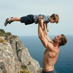 muscular father throwing his adult son off of a cliff