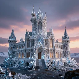 medieval baroque castle made of crystal shards, epic landscape, iceland photography, cinematic, octane render, art station, dramatic lighting, beautiful dusk sky, concept art, rococo, photorealistic, intense detail, 8 k