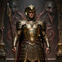 serpent - man warlord wearing bronze age plate armor, horrific background symmetrical, zoom out, high quality, high definition, 8 k, photograph photorealistic by frank frazetta
