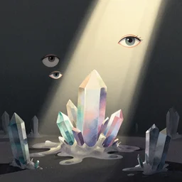 minimalist illustration by karolis strautniekas and mads berg, melting crystals, floating eyes, colorful, fine texture, detailed, muted colors, film noir, dramatic lighting, dynamic composition, vivid, matte print, wide angle, ( ( sunbeams ) ), moody, extreme perspective