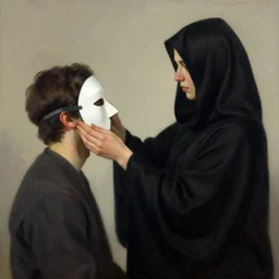 a cloaked woman removes a mask from her friend's face, by vincent desiderio,