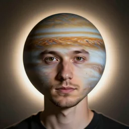 A beautiful portrait of a man looking at the camera, with a head made of planet Jupiter, backlight, volumetric lighting, detailed, trending on artstation