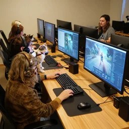 a group of cats sitting at computers playing counter strike