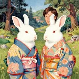 ink on paper portrait of two white conys in colorfull kimonos in the foreground of a surreal environment by greg rutkowski and michael whelan