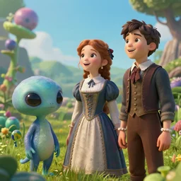 a girl and a boy and a cute alien creature standing next to some alien plants, in a park on a alien planet, looking happy, wearing victorian clothes, ultra realistic facial details, enhanced faces, ultra photorealistic raytracing, 8k