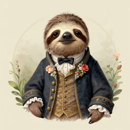 portrait of a sloth wearing a victorian suit, flowerpunk, rococo, baroque, academicism, digital art, concept art, character design, illustration