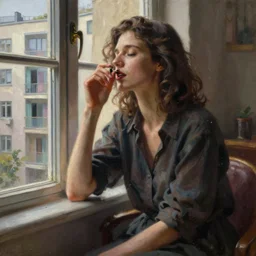 A ultradetailed beautiful panting of a stylish woman sitting next to a window of a moders apartment, Oil painting, by Ilya Kuvshinov, Greg Rutkowski and Makoto Shinkai