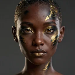 a stunning ultra detailed fantasy fine art portrait photo of a girl, 3 d model, by tom bagshaw, artgerm and natalie shau, black skin with gold makeup, black and gold face paint, shaved head, 2 4 mm lens, unreal engine, deep depth of field, perfect eyes and face, soft lighting, artstation, 8 k