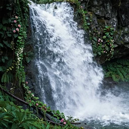 mountain waterfall flowing with vines and flowers by greg rutkowski, high key lighting, volumetric light, digital art, detailed, intricate, ornate, octane render, unreal engine, photorealistic