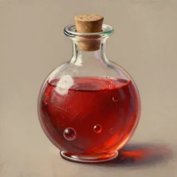 a beautiful painting illustration of a health potion, scratched vial, bubbles, crimson, by greg rutkowski, featured on artstation, rpg item