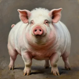 pig is muscular bodybuilder and wearing a white hoodie , heavy texture natural rembrandt oil painting , aggressive pose