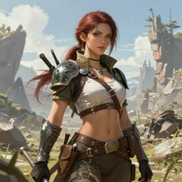 A fantasy comic book style portrait painting of a female ranger in a bright post apocalyptic setting, unreal 5, DAZ, hyperrealistic, octane render, RPG portrait, dynamic lighting