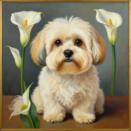 portrait of a cream colored havanese dog with calla lillies, mexico, painting by diego rivera realism 1 9 3 5