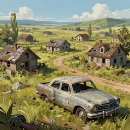fallout 5, rural wastelands, small settlements, shanty townships, abandoned retro futuristic vintage car and truck, overgrown ruined houses, illustration, perfectly shaded, oft painting, art by krenz cushart and wenjun lin
