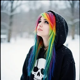 black Emo scene girl with long rainbow hair wearing skull hoodie looking up at snow 35mm n-5