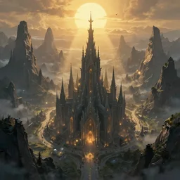 eerie but beautiful lovecraftian eldritch ancient dream city unknown Kadath lay between tall obsidian dark mountains, basked in the warm light of the sun, bird\'s eye view, fantasy art, main cathedral to forgotten gods towering over lazy streets, cinematic lighting, enchanted, haunting, heroic history, by Dairusz Zawadski, by Wayne Barlowe, by John Harris