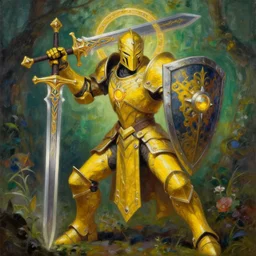 full body, attack position abstract painting in lush fantasy environment of a ornate holy warforged with circular glowing eye, character in yellow armor holding a legendary paladin engraved holy great longsword and carrying a huge heavy paladin shield, face in focus, epic , trending on ArtStation, masterpiece, cinematic lighting, by Delphin Enjolras and by Ruan Jia