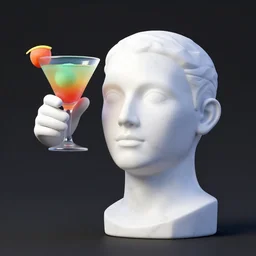 a 3 d model of a white marble human head holding a coctail, colorful coctail, digital illustration, 3 d render, above the waist
