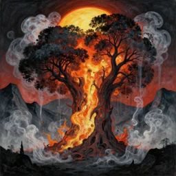 digital matte painting of a magical explosion of sorrow, trees and mountains, transparent smoke from hell, notan sun in the background, abstract, surreal art, painted by beksinski and android jones