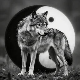 a realistic black and white wolf in a yin yang symbol fantasy art, art by collin bogle