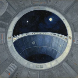 intergalactic stargate portal in a space station with a view of a star in the background by yves klein and howard hodgkin, style of in japanize art
