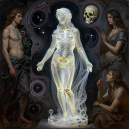 Beautiful full-body wax sculpture of a glowing transparent woman with a skull face in glowing cloth with visible gold bones covered with melted white wax inside the singularity where stars becoming baroque folds of dark matter by Michelangelo da Caravaggio, Nicola Samori, William Blake, Alex Grey and Beksinski, dramatic volumetric lighting, highly detailed oil painting, 8k, masterpiece