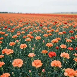orange and red carnations, flower field, photography, 18mm lens, 8k, wide-shot