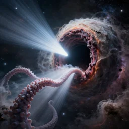 outer space, stars, nebula, galaxy, clouds, giant space faring worm eating planet with gaping mouth maw black hole cortex, massive scale, light shafts, realistic tentacles, tendrils, environment