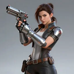 smart female inventor using metal gauntlets with guns in it, art station, 4 k