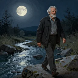 an old man, walking in the night under the moonlight. besides a rocky river. intricate, elegant, highly detailed, digital painting, artstation, concept art, sharp focus, illustration, by justin gerard and artgerm, 8 k