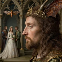 closeup profile medieval jan van eyck face portrait of fuzzy kaiju moth dragons marriage portrait, depth of field, detailed and intricate gothic environment, 8 k resolution, hyperrealistic, octane render