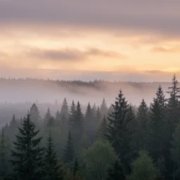 beautiful foggy forest landscape of sweden with a majestic sunrise, art, high detail, high definition, photorealistic, hdr,