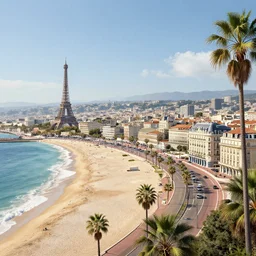 landscape of the beautiful city of paris rebuilt near the pacific ocean in sunny california, amazing weather, sandy beach, palm trees, splendid haussmann architecture, digital painting, highly detailed, intricate, without duplication, art by craig mullins, greg rutkwowski, concept art, matte painting, trending on artstation, octane render, 8 k, unreal engine