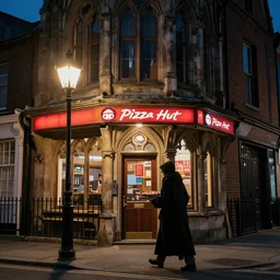 A photo of the exterior of a gothic Pizza Hut in a victorian city, a cloaked man is walking away with a pizza, night, lit by gaslight