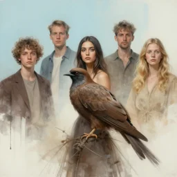 portrait of the bird goddess by atey ghailan, by greg rutkowski, by simon stalenhag, by greg tocchini, by james gilleard, by joe fenton, by kaethe butcher dynamic lighting, gradient light blue, brown, blonde cream and white color scheme, grunge aesthetic