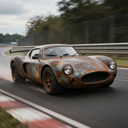 an old rusty super car driving through a race track, dramatic, motion blur