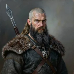 realistic painting of a viking with black beard