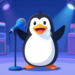 dancing club penguin character, dancing, recording vocals on a blue yeti microphone