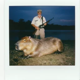 old! polaroid photo of an old man! holding a rifle and standing on top of a giant capybara! sleeping