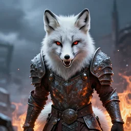 angry demonic white polar fox with sharp teeth wearing medieval ornamented rusty armor, ice and fire, postapocalyptic world, hyperrealistic, dramatic sky, highly detailed