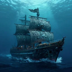 a sea monster shape like a ship, deep dark sea, thalassophobia, realistic, highly detailed