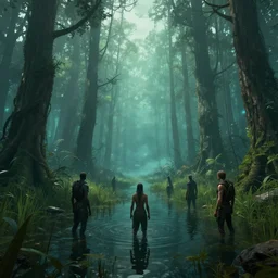 reed - people in futuristic spiritual mystical post apocalyptic swampy forest by ron gilbert, dim painterly volumetric aquatic lighting, scenic, beautiful, crisp, artstation, highly detailed