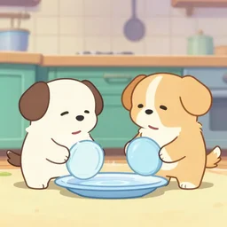 two dogs doing dishes, pixar style
