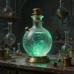 a painting of a steampunk potion bottle in light green emerald on a counter in a dark dusty vintage science lab, by h. r. giger, hyperrealistic fantasy art, concept matte, ethereal, dreamy, digital art, trending on artstation, volumetric cinematic lighting