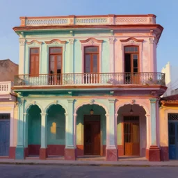 beautiful painting of cuban houses and storefront without characters, colonial architecture, intricate and smooth colors, front view, trending in artstation, colorful octane render, beautiful dawn light, cinematic composition, art style by disney and robh ruppel