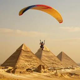a classic historical painting of a man paragliding from the pyramids in Ancient Egypt, epic lighting, golden hour, artistic, amazing