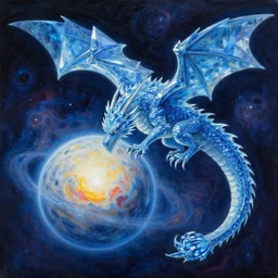 prompt crystalline blue, European dragon, devouring a planet, space, sun system, nebula, oil painting, by Fernanda Suarez and and Edgar Maxence and greg rutkowski